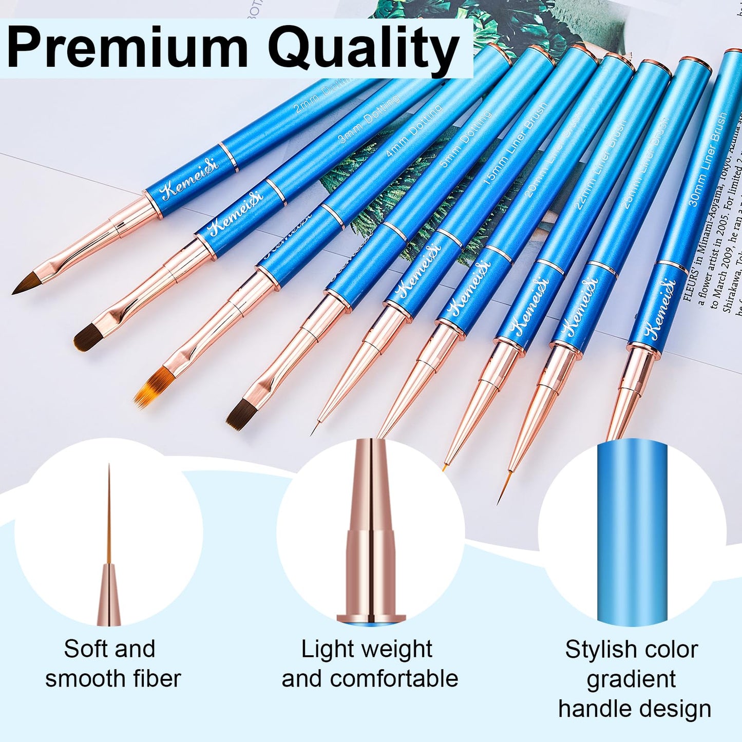 KEMEISI Nail Art Brush Set, 9PCS Double-Ended Acrylic Liner Brush Dotting Pen for Gel Polish, Nail Design Tools for Professional Manicure DIY Home Salon
