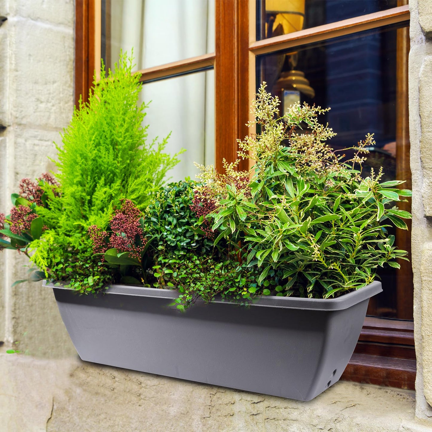 Tcevily 12 Pcs 24 inch Window Box Planter, Large Rectangular Flower Planter Boxes with Shelf Insert Plastic for Indoor and Outdoor Garden, Balcony Home Decor (12, 24 inch)