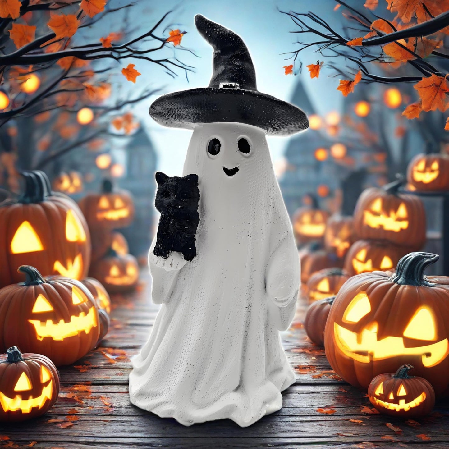 HARUHI Adorable Spooky Ghost Statue Figurine Cute Halloween Decor for Desk Shelf Home & Garden Decoration（Ghost with Cat）