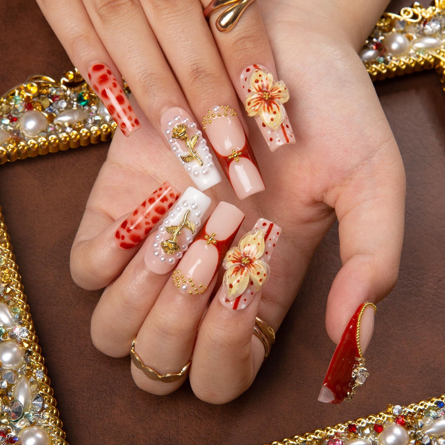 LOVFUL Press on Nails Vintage Boho Chic | Handmade with Full Covered Crystals | Reusable Full Cover Nails | Square Classic Regular 1.3 in | H365-M