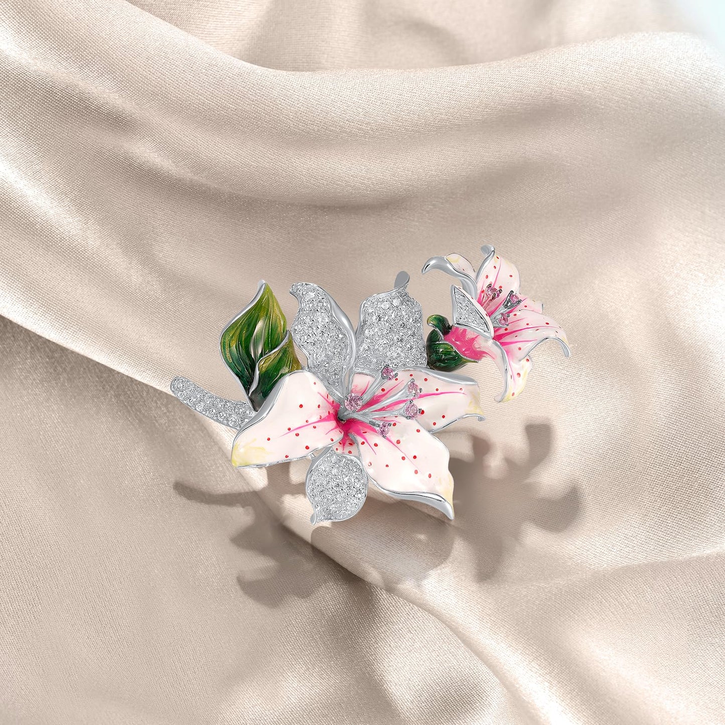 Santuzza Lily Brooch 925 Sterling Silver Created Pink Sapphire Cubic Zirconia Enamel Pink Flower Brooch Pin for Women