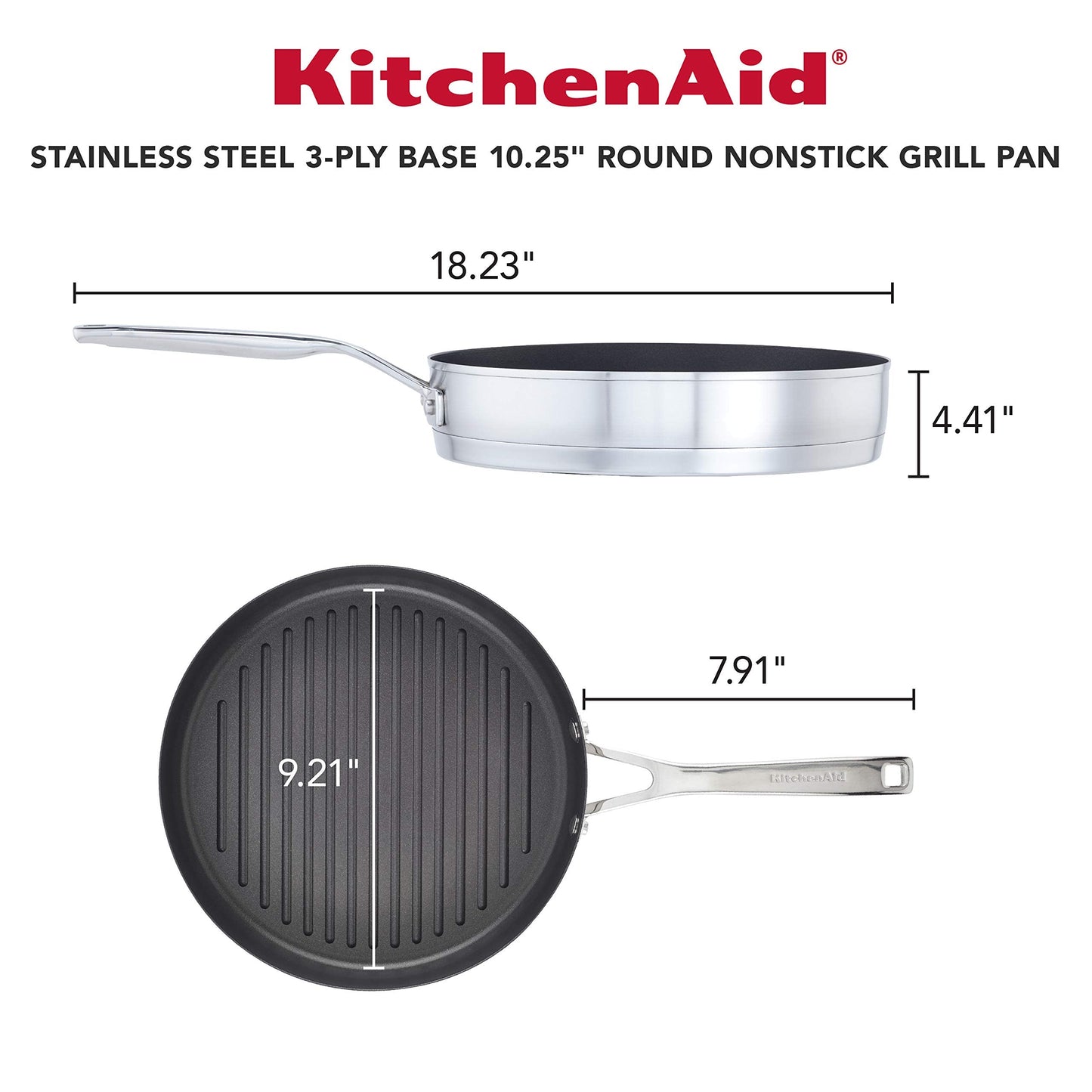 KitchenAid 71012 3-Ply Base Brushed Stainless Steel Nonstick Round Grill Pan/Griddle, 10.25 Inch
