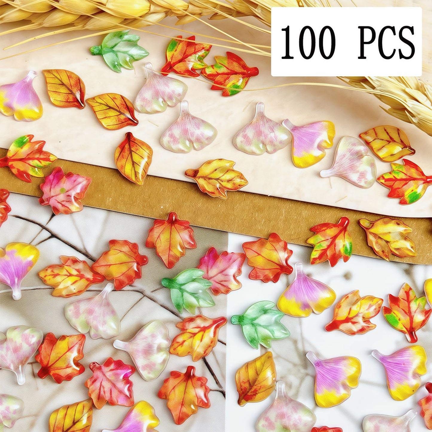 100 Pcs Fall Nail Art Charms Multi Shape Resin Maple Leaves Nail Charms 3D Flat Back Autumn Maple Leaf Ginkgo Leaf Design Nail Art Rhinestones Jewelry for DIY Thanksgiving Nail Decoration