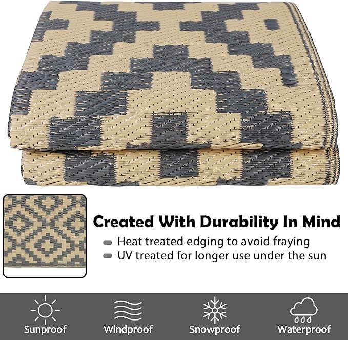 SAND MINE Reversible Mats, Plastic Straw Rug, Modern Area Rug, Large Floor Mat and Rug for Outdoors, RV, Patio, Backyard, Deck, Picnic, Beach, Trailer, Camping, Grey & Tan, 5' x 8'