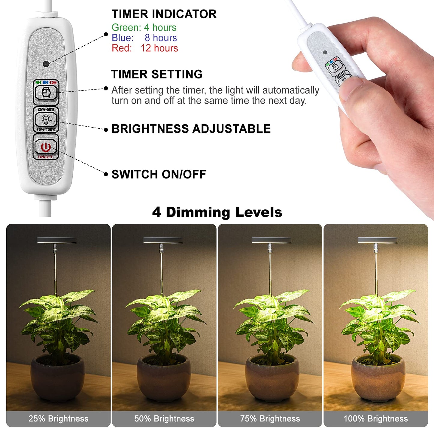 LORDEM Grow Light, Full Spectrum LED Plant Light for Indoor Plants, Height Adjustable Growing Lamp with Auto On/Off Timer 4/8/12H, 4 Dimmable Brightness, Ideal Small Pack of 3, Warm White