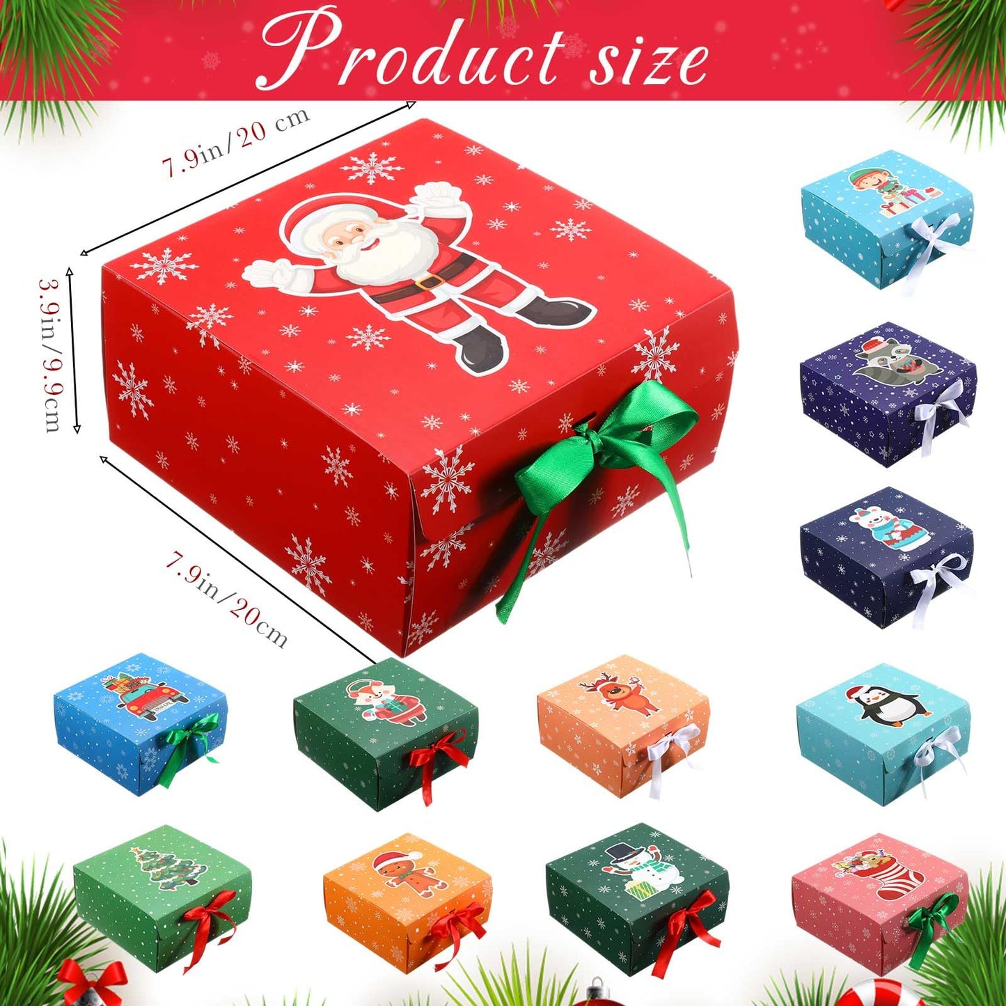 Eersida 24 Pack Christmas Gift Boxes with Lids Bulk 8 x 8 x 4 inches Gift Boxes for Christmas Presents with Bow Xmas Decorative Large Presents Boxes Empty Gift Boxes for Xmas Holiday, 12 Design