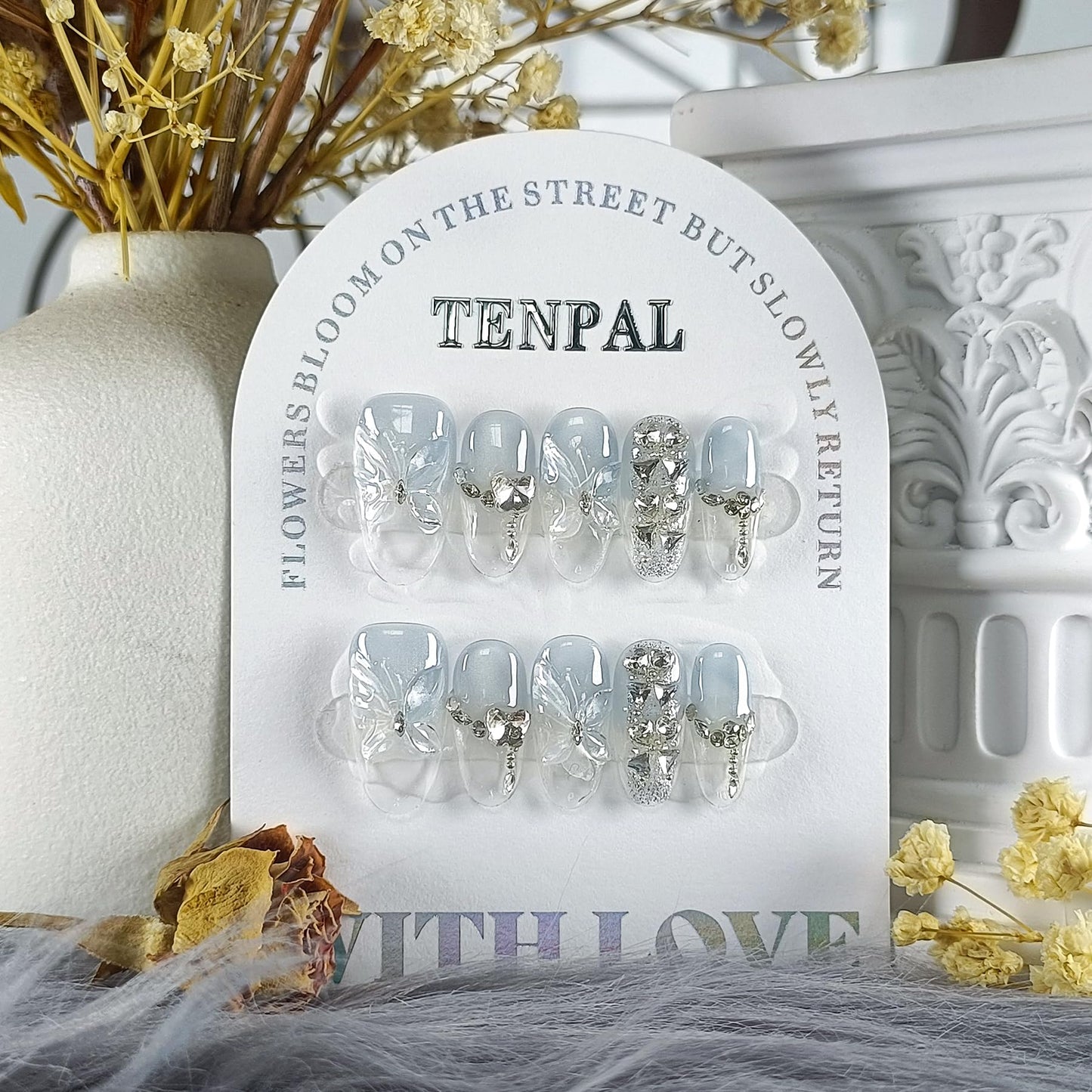 TENPAL Cat Eye Press on Nails 10Pcs Full Kit - Short Oval Icy Ocean Gradient False Nails, 3D Butterfly Rhinestone Spring Summer Fake Nails, Ethereal Glue on Nails for Girls Glitter Shimmer Design(M)