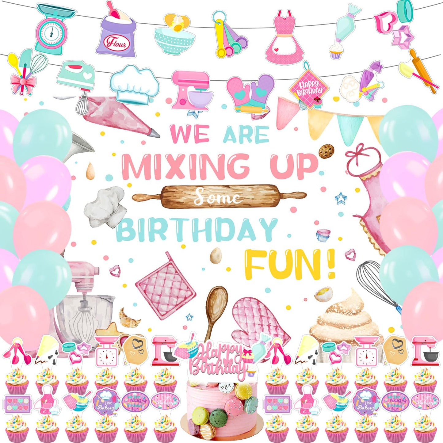 NlSIFU 59 Pcs Baking Birthday Party Supplies, Baking Themed Decorations with Backdrop, Banners, Balloons, Cake & Cupcake Toppers in Pink