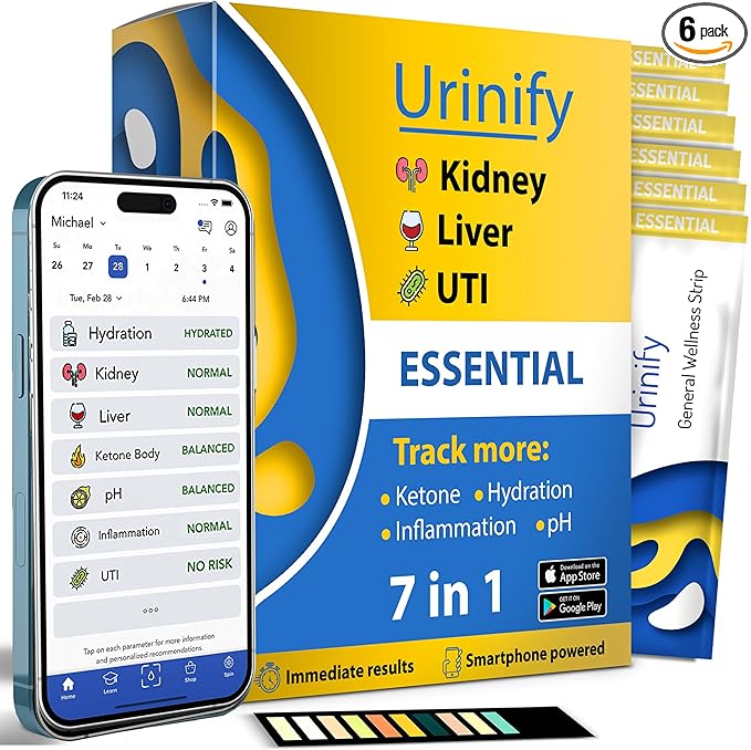 Mobile App Urine Test Strips -Trusted at Home Kidney and Liver Test Kit, Urinary Protein, UTI Test, Hydration, Ketone Body, pH, Urinalysis- Essential Kit (6 Strips)