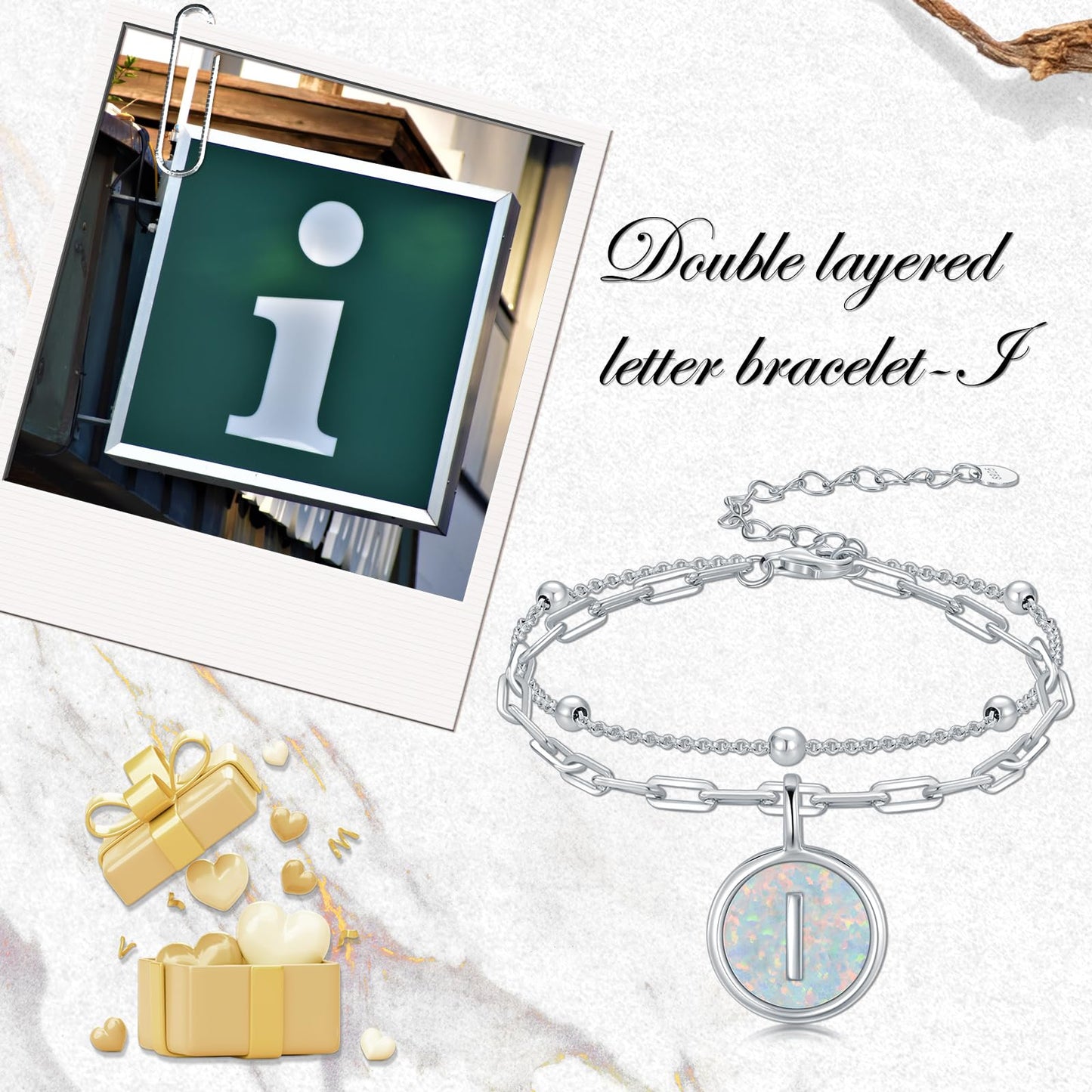 LWQQWL Initial I Bracelet for Women 925 Sterling Silver Layered Initial Bracelet Opal Letter 26 Alphabet Jewelry Christmas Gifts