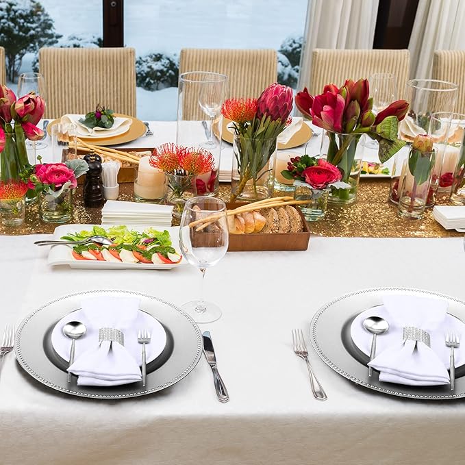 Tanlade 100 Pcs Charger Plates Bulk with Napkin Rings Set Include 50 Plastic Beaded Plate Chargers 50 Napkin Rings 13'' Round Dinner Plate Chargers Set for Table Setting Wedding Party(Silver)