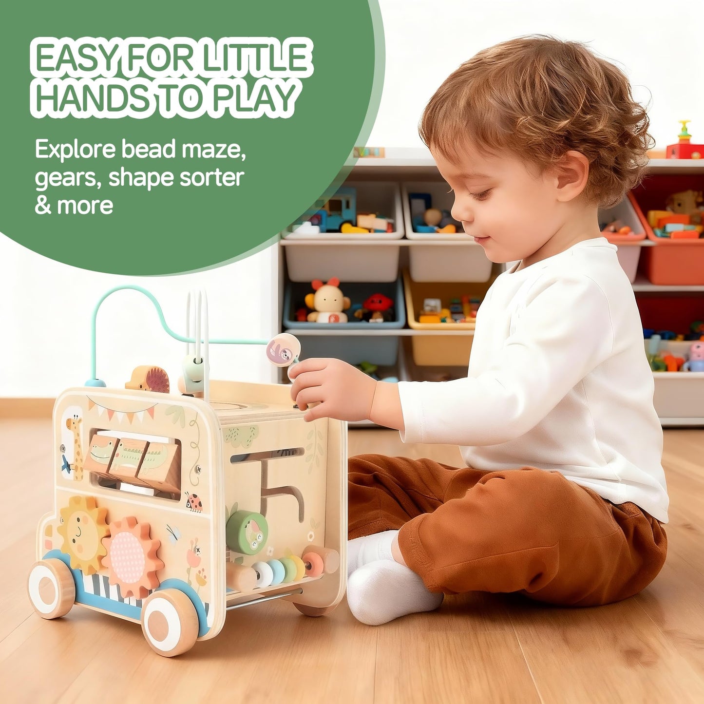Pithfor Wooden Pull Along Activity Cube Toys, Montessori Toys for 1 2 3 Year Old Baby Toddlers, Baby Activity Cube for 1 Year Old, 1st First Birthday Gift