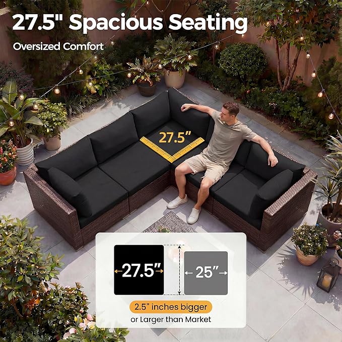 NICESOUL 11 Piece L-Shaped Outdoor Patio Furniture Set with Fire Pit Natural Gas/Propane, 29.3'' High Back Conversation Set, Extra Large Deep Couch Sofa Sectional Sets, Brown Rattan and Black Cushion