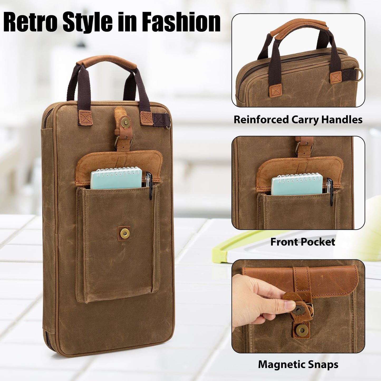 Damero Chef Knife Bag, Waxed Canvas Chef Storage Bag with 11 Slots and 2 Mesh Pockets, Knife Carrier Travel Knife Bag with Top Handles and Detachable Shoulder Strap for Kitchen Tools & Chef Utensils