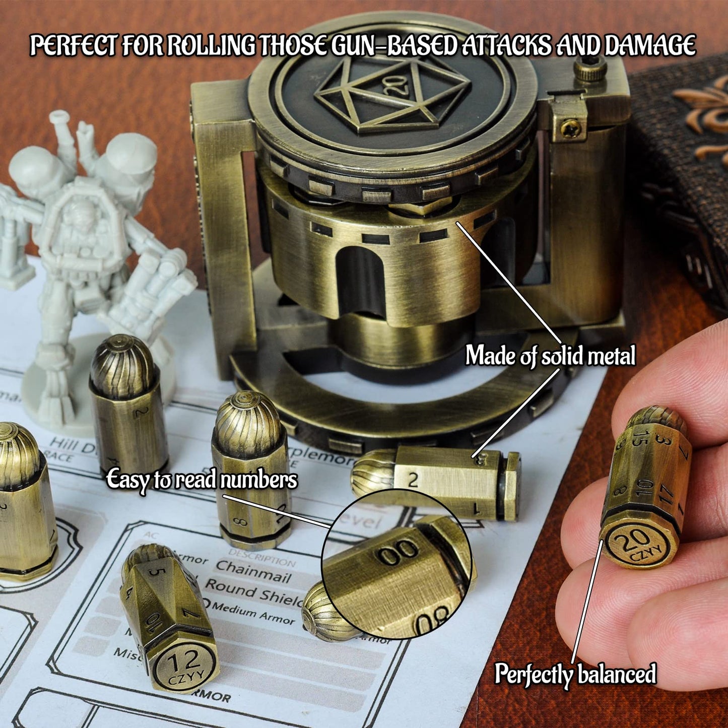 Metal Polyhedral Bullet Dice Set of 7 with Spinning Revolver Cylinder Container - Cyberpunk Style Dice for D&D, Sci-Fi, War, or Crime Theme Tabletop Games (Bronze)