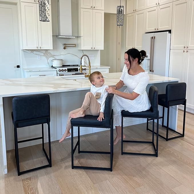 PHI VILLA Bar Stools Set of 4 - Counter Height Chairs Faux Leather Barstools 24 inch Bar Stool, Kitchen Stool with Back