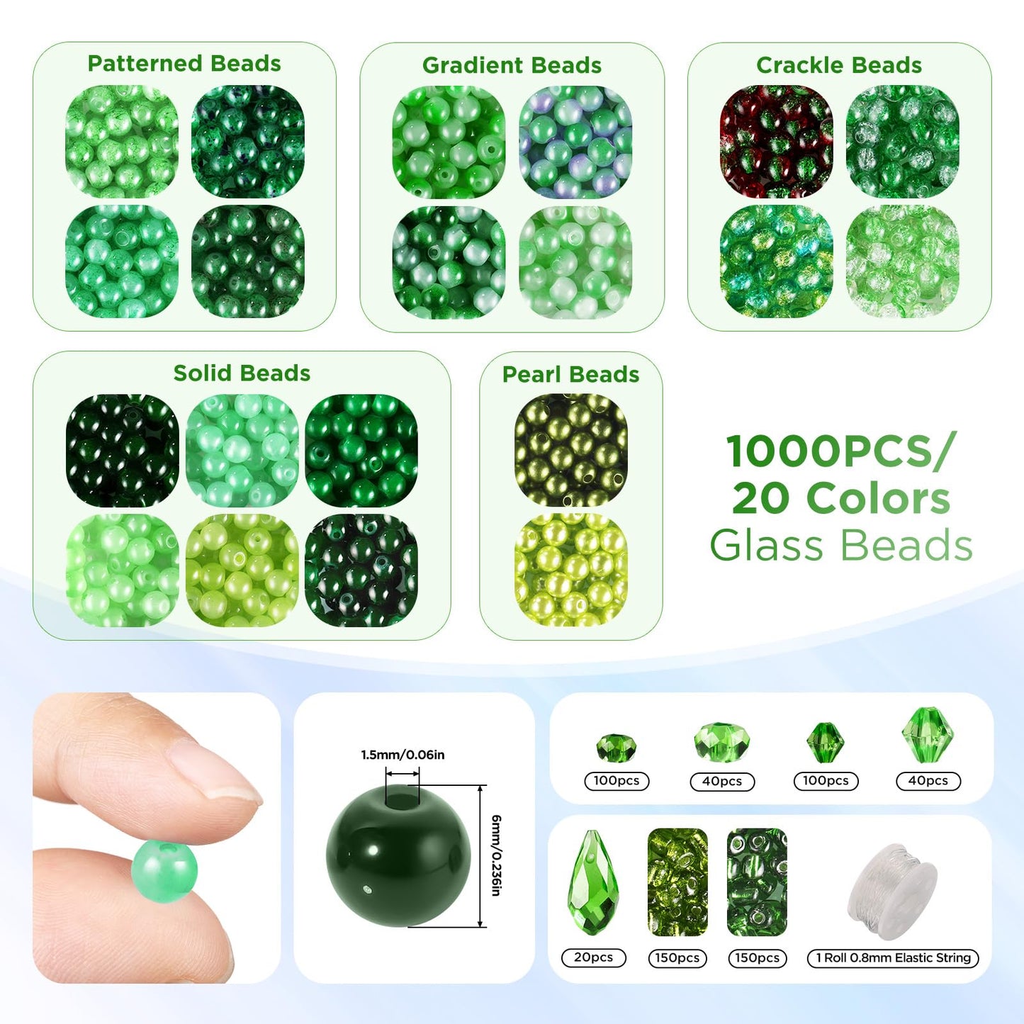 Funtopia 1600pcs Green Glass Beads for Bracelets, 6mm Crystal Beads for Jewelry Making Beaded Plants, Round Glass Beads with Faceted Bead Seed Beads for DIY Plant Making Crafts Earrings Necklace