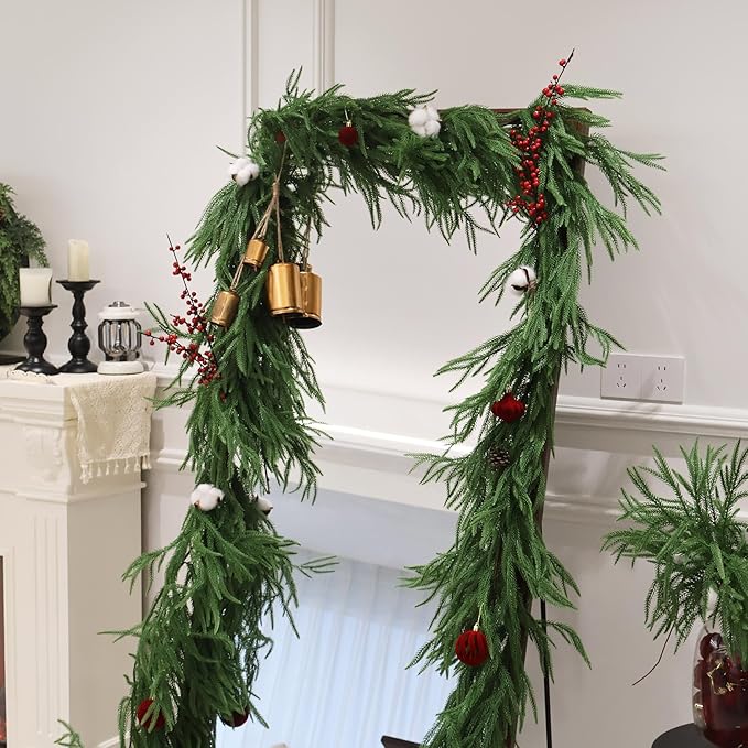 9FT 4PCS Christmas Garland Norfolk Pine Garland Real Touch Artificial Greenery Garland for Mantle Fireplace Table Indoor Outdoor Holiday Decortions (Dark Green)