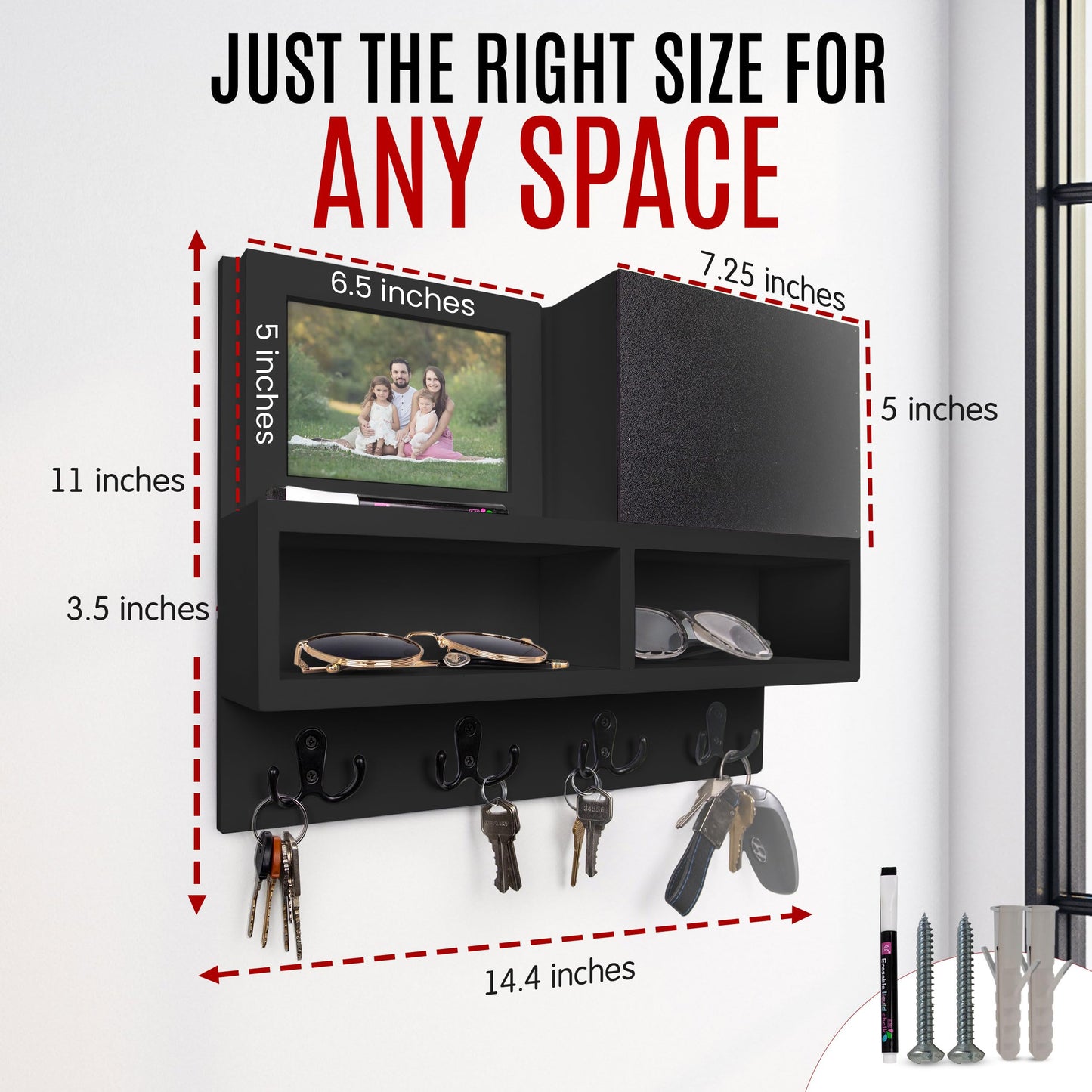 Spacelog Key and Mail Holder for Wall with Chalkboard – Magnetic Photo Frame Key Holder Wall Mount, Black, Dual Storage & Cupboards Mail and Key Organizer for Wall