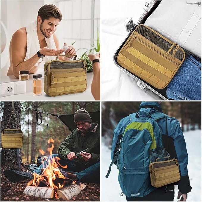 SUNRISING Tactical Toiletry Bag for Men Hanging Travel Toiletries Organizer Dopp Kit Toiletry Bags Shaving Hygiene Bag, Durable Bathroom Essentials Men's Toiletry Bag for Short Trips Camping - Khaki