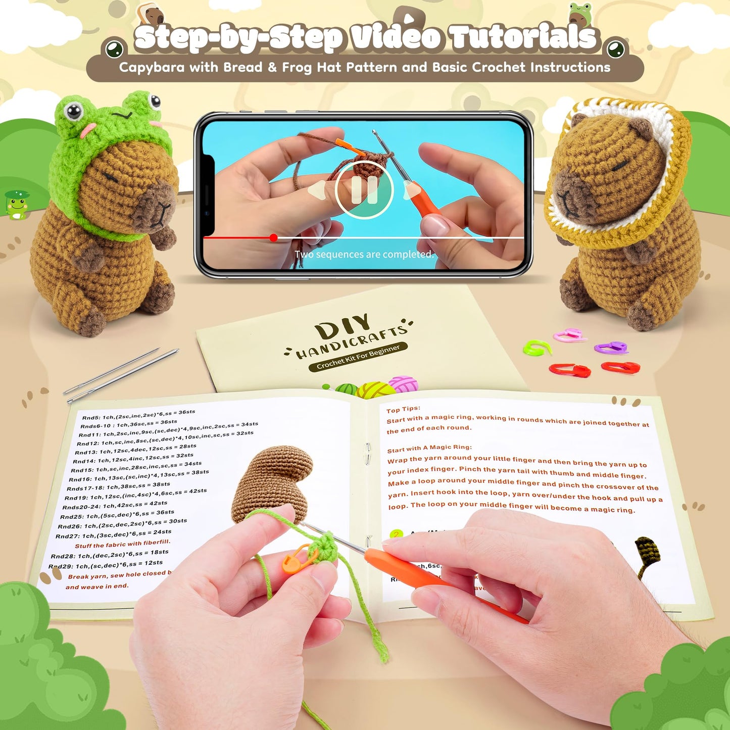 Capybara Crochet Kit for Beginners, 2PCS Capybara with Frog and Bread Hats Crochet Animal Kit with Step-by-Step Video Tutorials, Starters Crocheting Kits for Adult, Animals Knitting Kit for Birthday