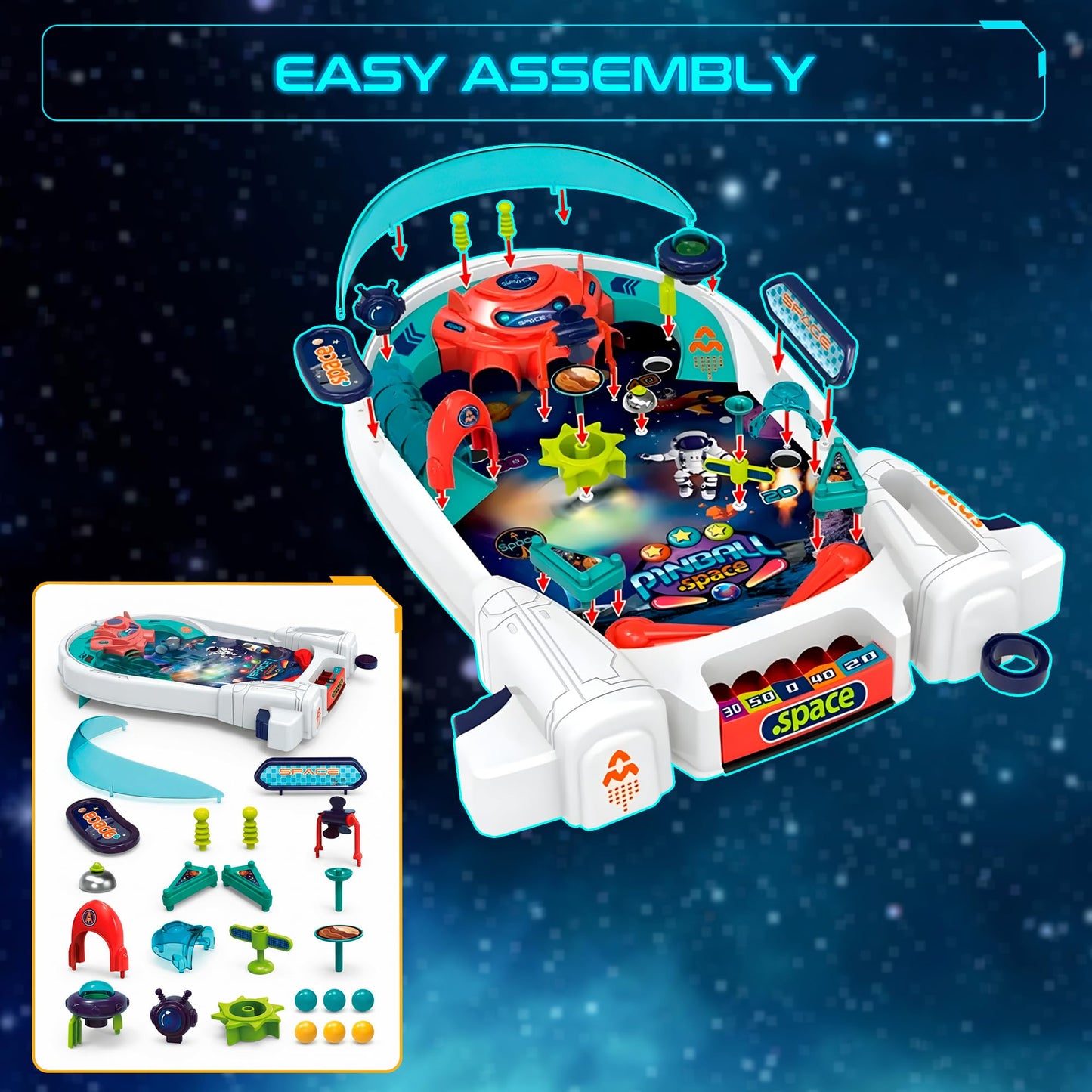 OLEOCA Space Pinball Machine — Tabletop Arcade Game with Obstacles, Pull-Rod Launcher, Flippers, UFO Targets & Astronaut Theme, 1-2 Player Mini Pinball for Kids