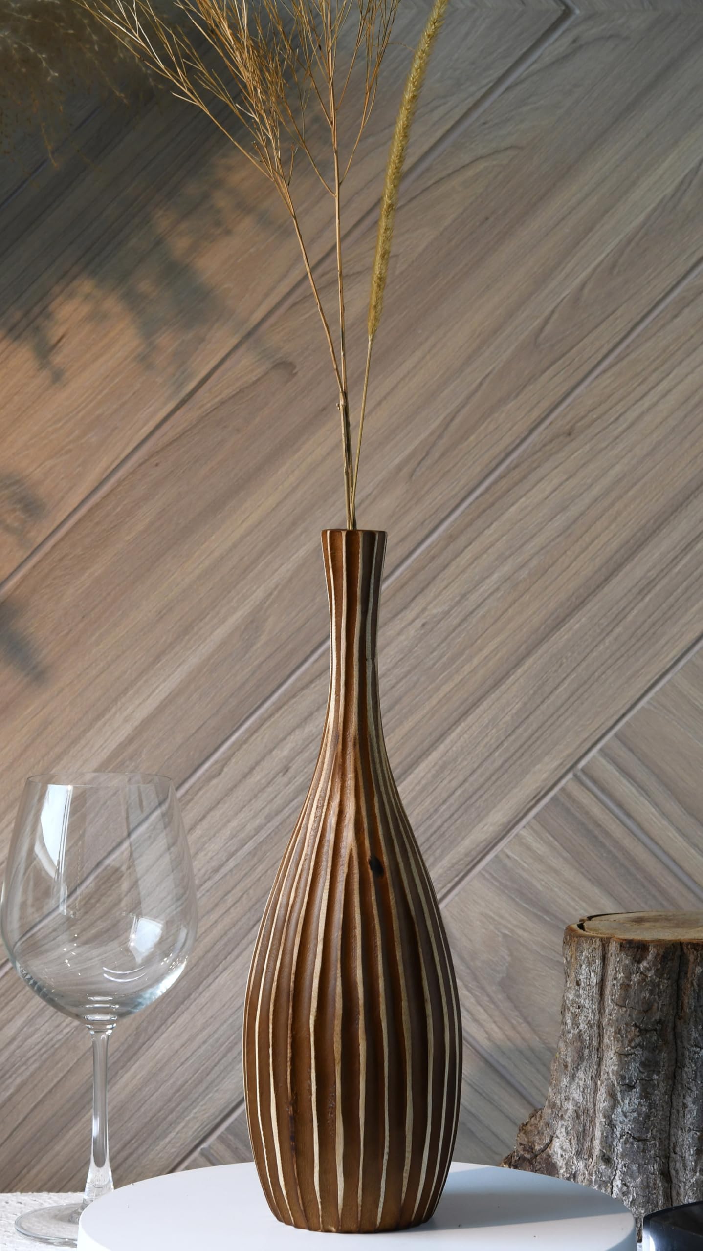 AeraVida Hand-Carved Tall Teardrop Mango Wood Vase with Vertical Stripes | Handmade Eco-Friendly Decor for Dried or Silk Flowers