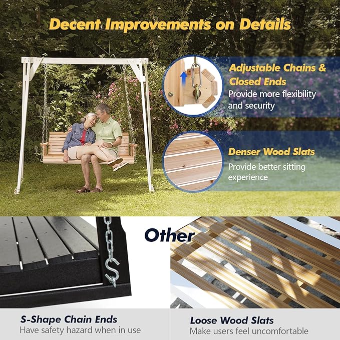 VINGLI Upgraded Patio Wooden Porch Swing for Courtyard & Garden, Heavy Duty 880 LBS Swing Chair Bench with Hanging Chains for Outdoors (Natural, 5 FT)