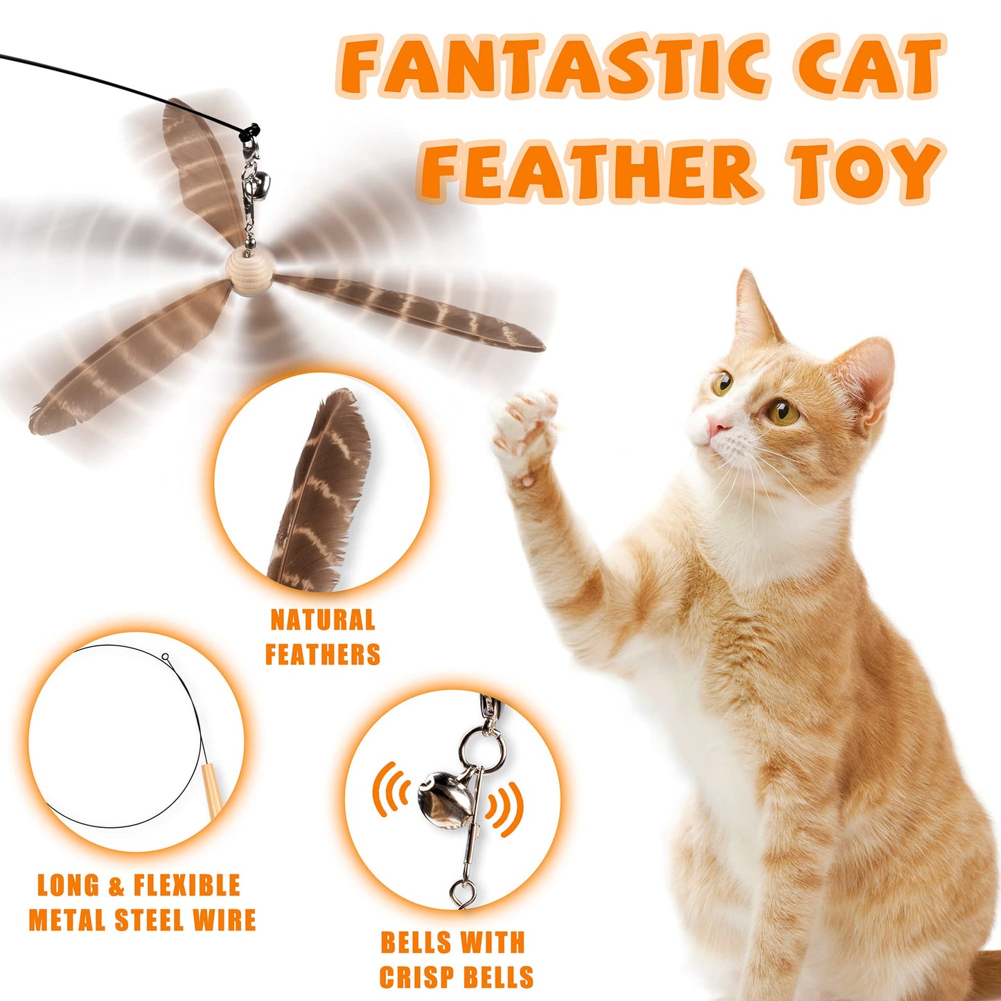 JXFUKAL Cat Wand Toys, Interactive Cat Toys with 3 Feather Refills, 29'' Flexible Steel Wire, Sturdy Wood Handle & Bell for Kitty Kitten, Cat Toys for Indoor Cats Teaser Cat String Toy