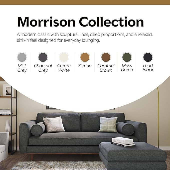 SIMPLIHOME Morrison Mid-Century Modern 72 inch Wide Sofa with Ottoman Set in Charcoal Grey Tightly Woven Performance Fabric for the Living Room and Family Room