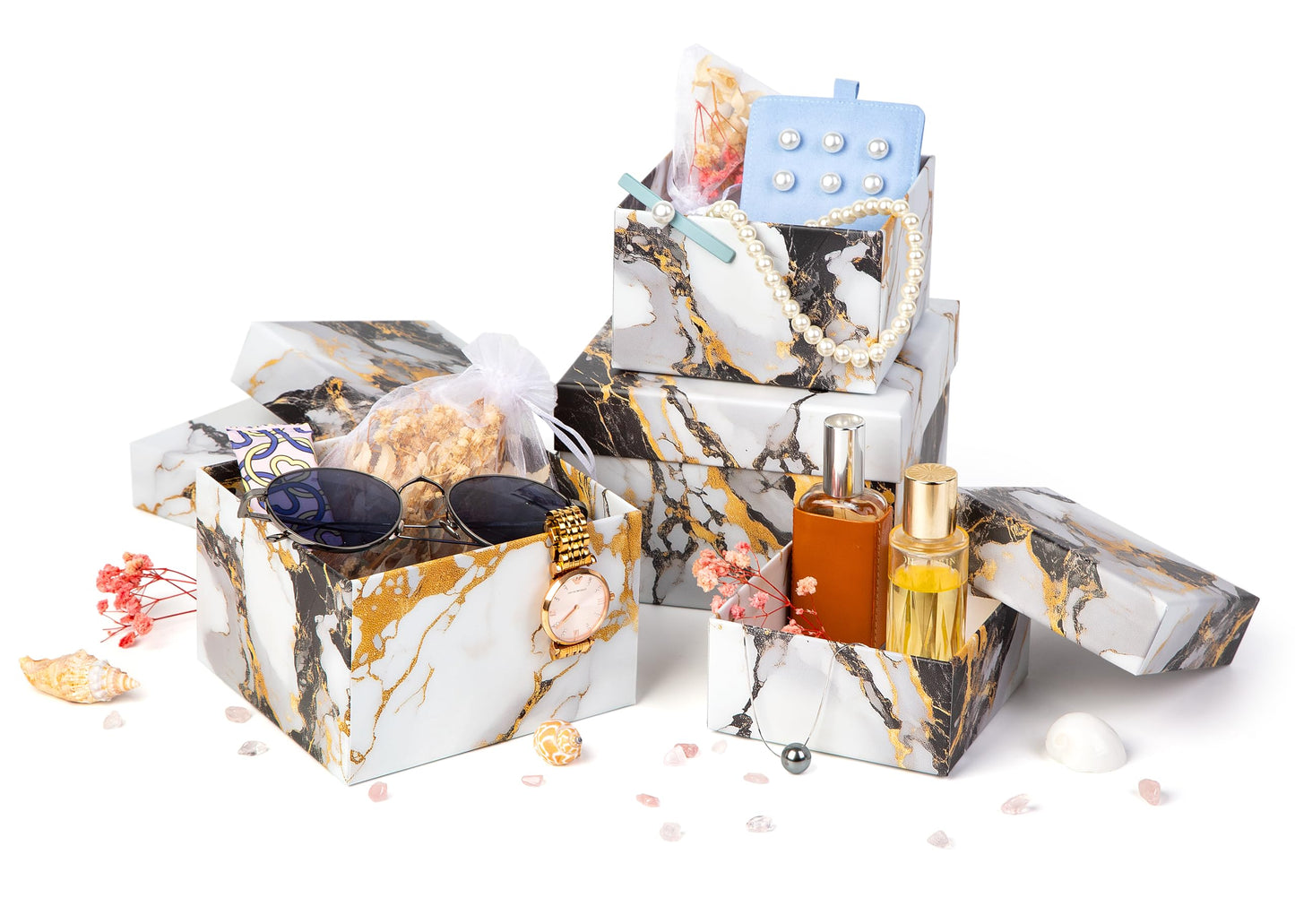 Sorarto Square Gift Boxes with Lids 4pc Set | Gold Marble Nesting Gift Boxes for Presents Birthday Wedding Bridesmaid Christmas