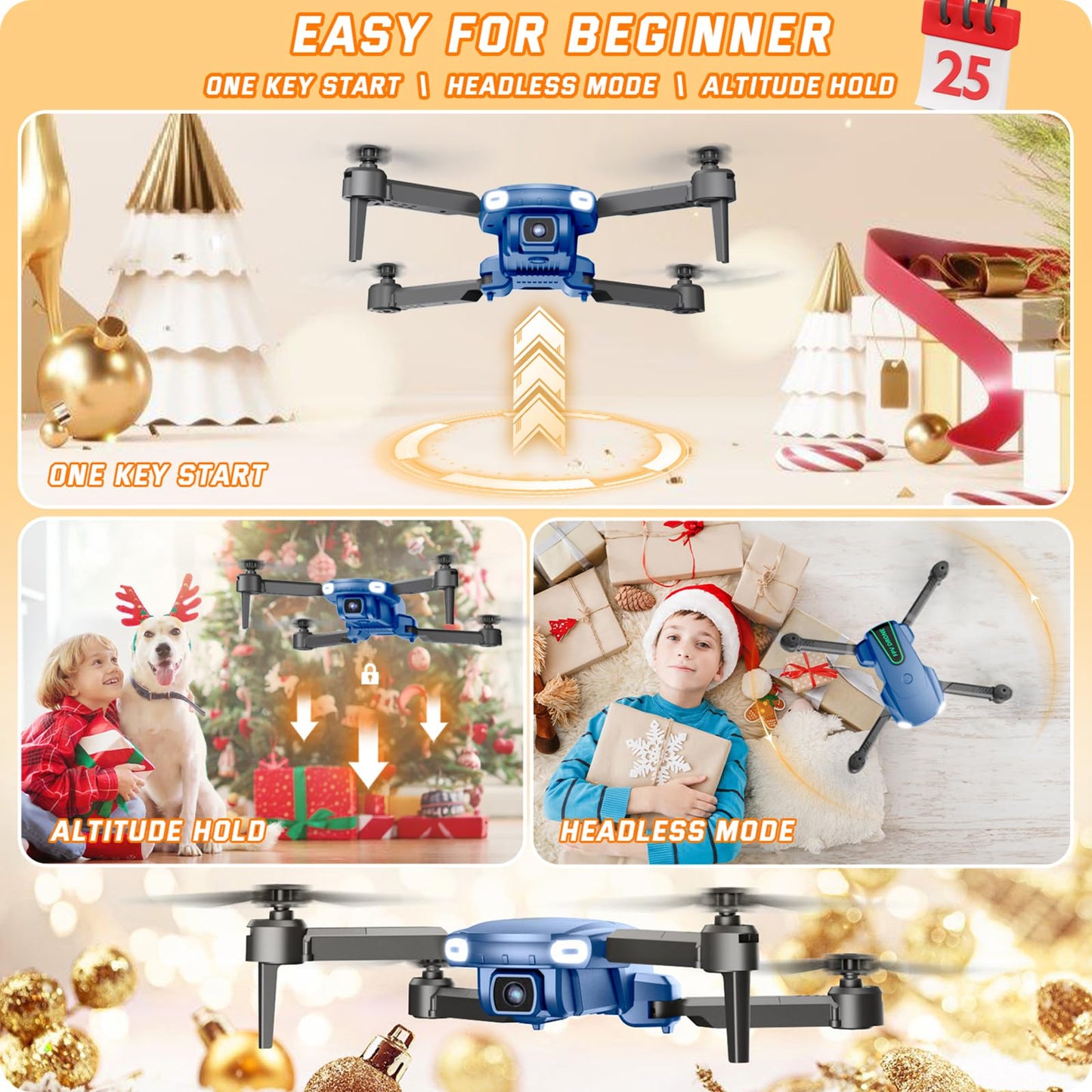Foldable Drone with Camera for Kids Beginners - Remote Control Helicopter Toys Gifts for Boys Girls, 1080P HD FPV RC Drones with 2 Batteries, One Key Start/Land, Altitude Hold, Gesture Selfie, Blue