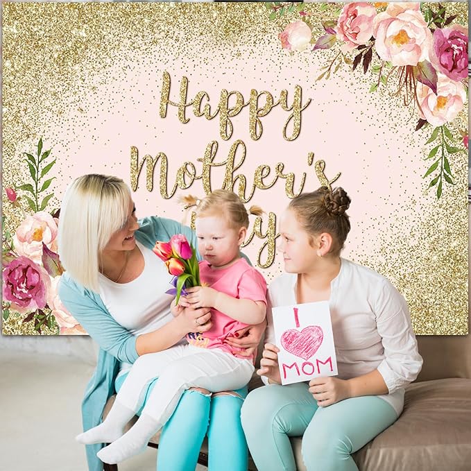 Avezano Glitter Gold Happy Mother's Day Backdrop for Thanks Mother Party Photoshoot Photography Background Blush Pink Golden Glitters Dots Floral Mom's Day Party Decorations Backdrops (10x7ft)