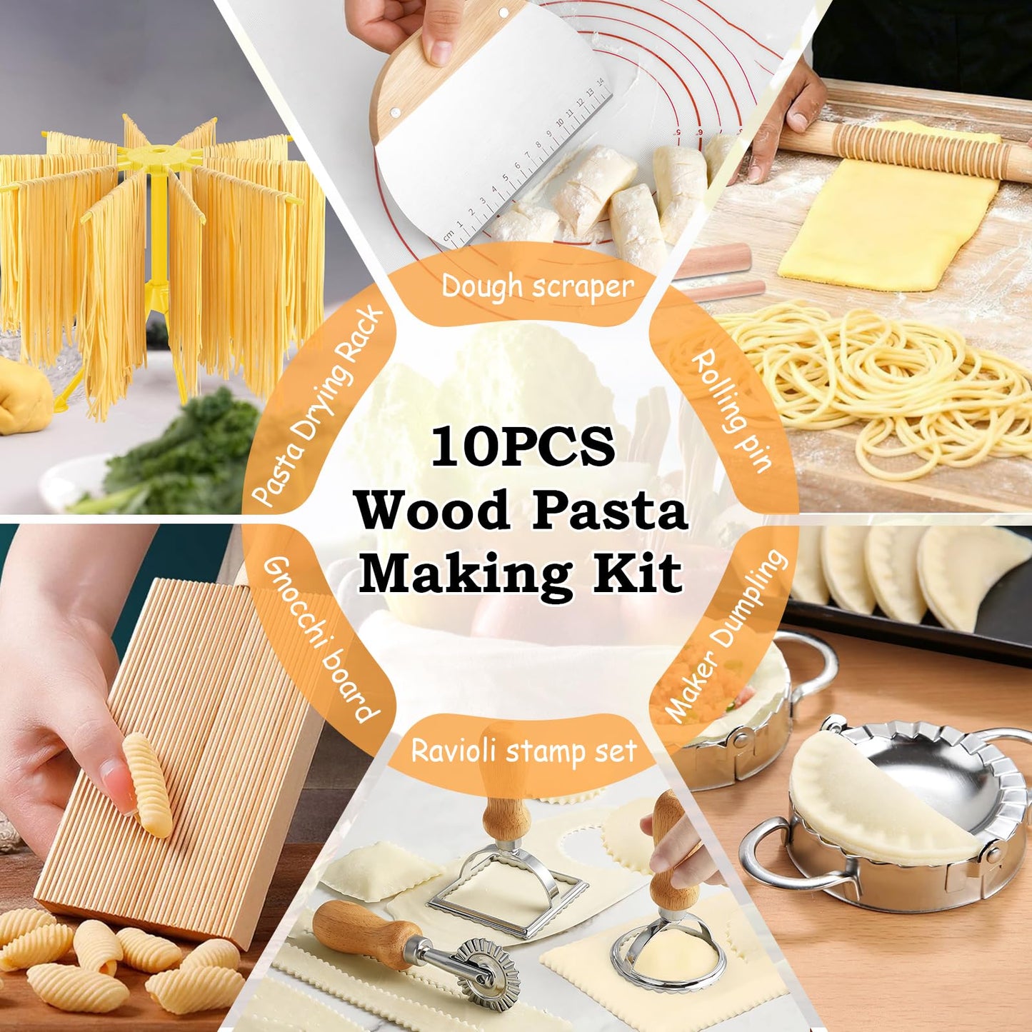 10 Pcs Gnocchi Pasta Making Tools kit, Pasta Drying Rack, Gnocchi Board, Cutter, Ravioli Stamp, Wood Threaded Pasta Roller Pin Set, Noodle and Dumplings Maker, Homemade Kitchen Gift for Pasta Lovers