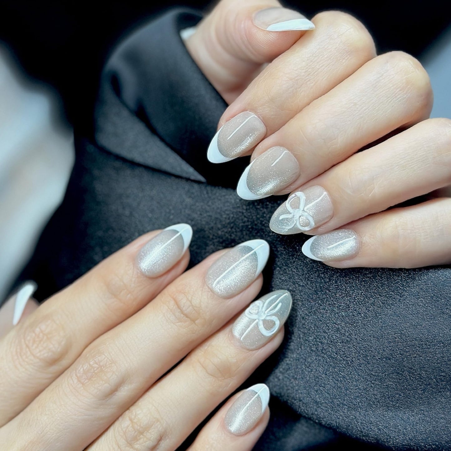 Sunruby Press On Nails Short Almond Pearlescent Shimmer Cat Eye with French Tip White 3D Bow|Reusable Soft Gel Nails in 12 Sizes-24 Nail Kit with Glue|Designed in L.A, Handmade in Vietnam|Pearl Belle