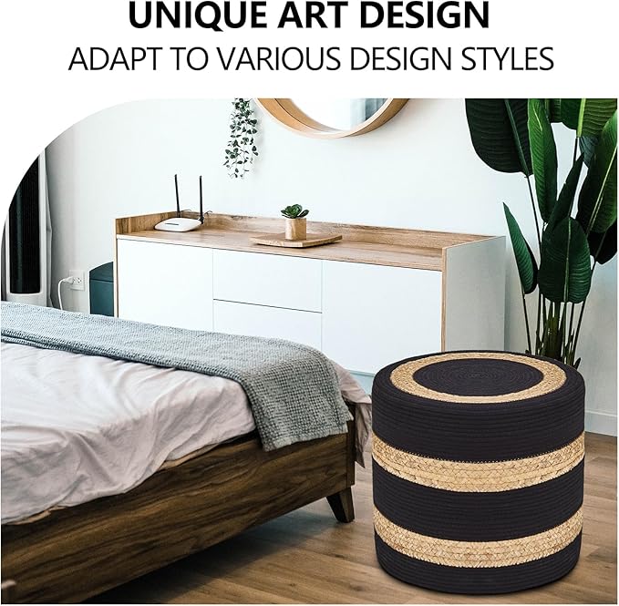 Wimarsbon 18'' Ottoman Pouf, Natural Braided Poof, Rustic Handweave Lounge Pouffe, Boho Footrest Stool for Bedroom, Accent Table or Seat for Living Room (Natural Water Hyacinth + Black Cotton Rope)
