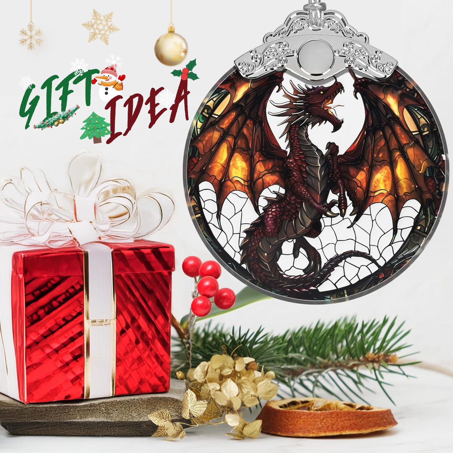Stained Glass Flying Dragon Christmas Ornament - Holiday Home Decor - Tree Decoration - Gift Exchange Idea