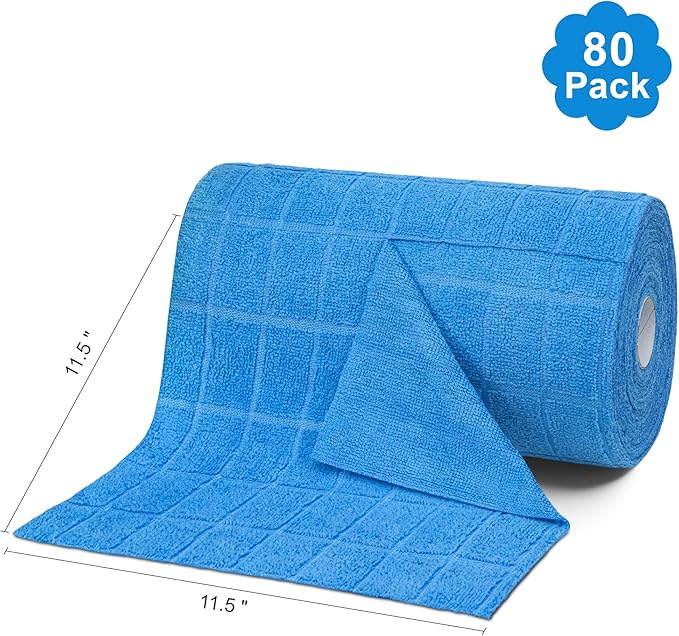 LIVOS Microfiber Cleaning Cloth Roll - 80 Pack, Reusable Paper Towels, Microfiber Towels for Cars, Super Absorbent Lint Free Cleaning Rags for House, Kitchen, Window-Check Blue, 11.5"x11.5"