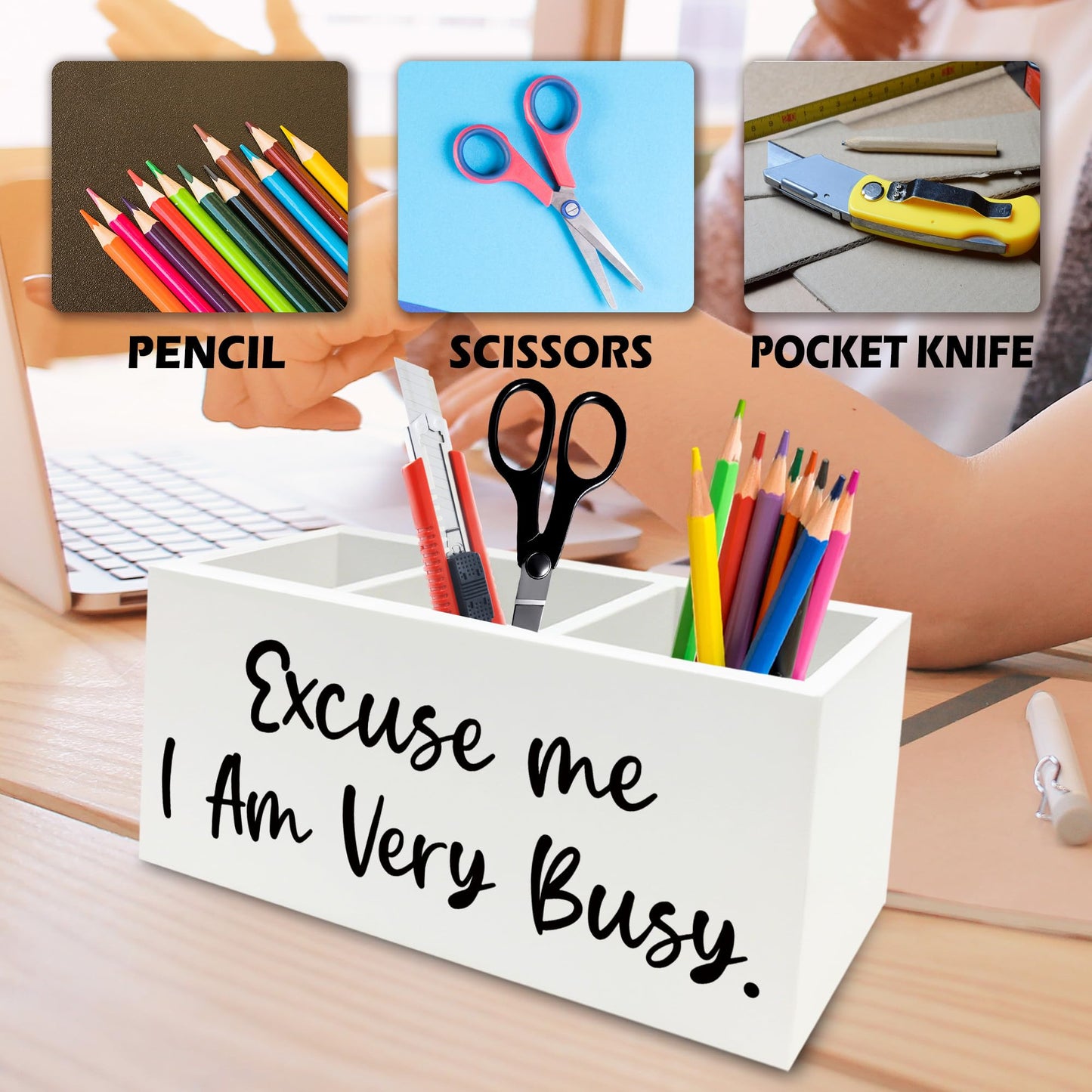 QZQE Funny Pen Pencil Holder Organizer for Desk, Funny Office Decor, Excuse Me I Am Very Busy Wooden Box Signs Decorations for Home Workplace Office Desk Tabletop