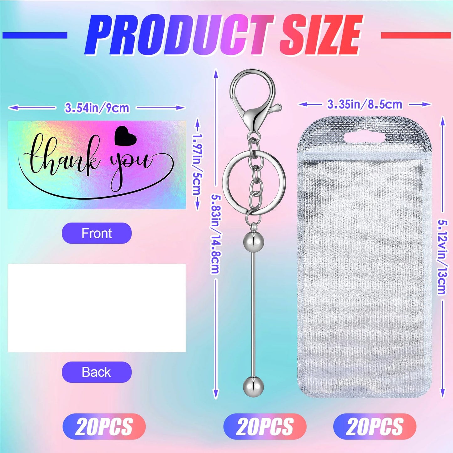 Sasylvia 60 Pcs Beadable Keychain Bars Bulk Making Kit 20 Beaded Keychain 20 Bag 20 Thank You Cards for DIY Keyrings Charms(Silver)