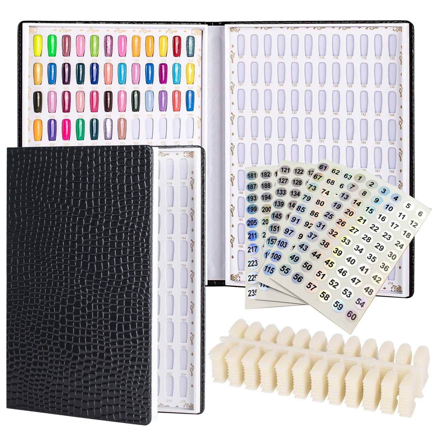 Acycoin2A Professional 216 Nail Colors Chart Dip Powder Card with 240 Tips and Nail Polish Number Sticker Label (Black)