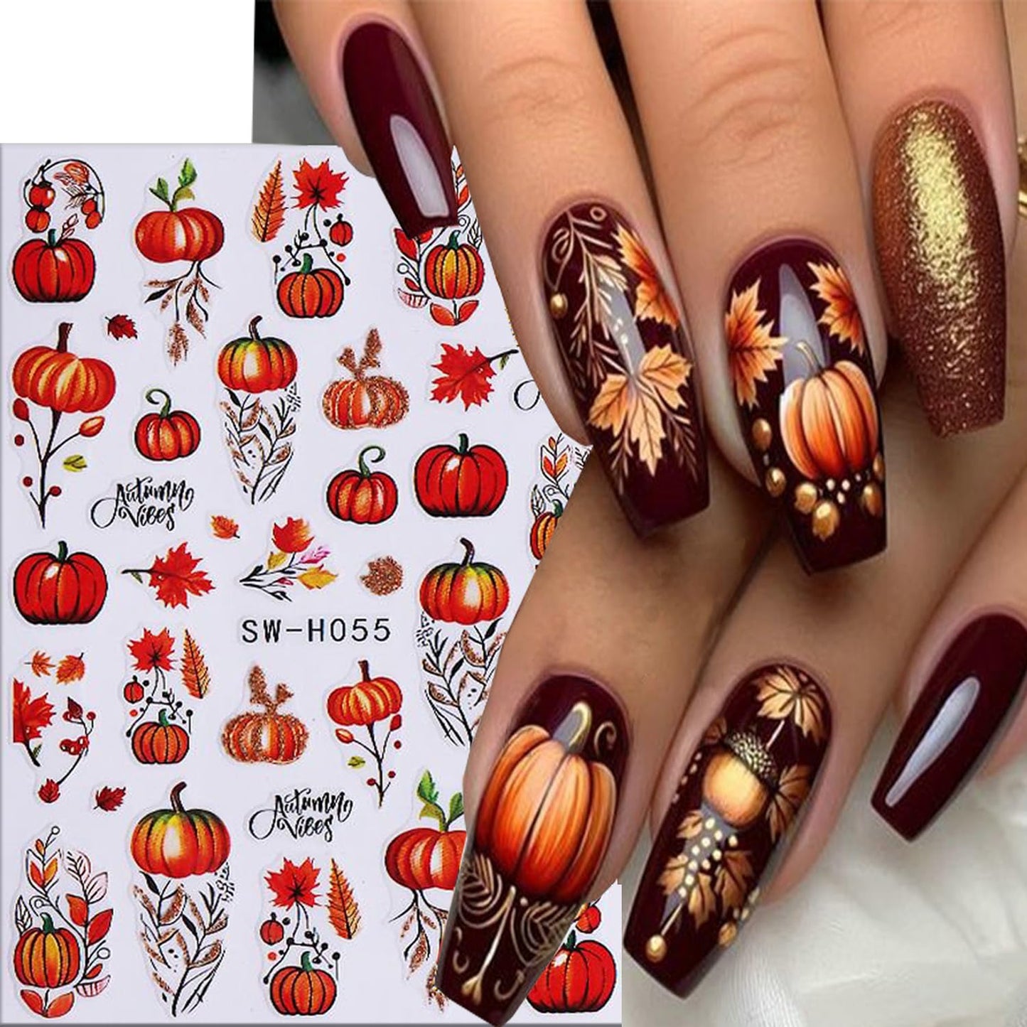6 Sheets Thanksgiving Nail Art Stickers 3D Self -Adhesive Fall Maple Leaf Nail Decals Holographic Flower Pumpkin Nail Stickers Autumn Thanksgiving Nail Staickers Decoration for Women DIY Manicure