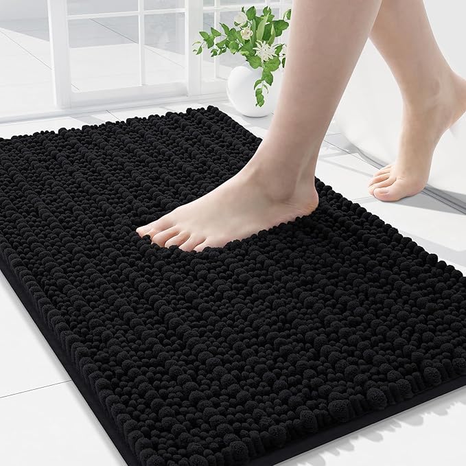 Arotive Luxury Chenille Bathroom Rug Mat, Extra Soft Thick Absorbent Shaggy Bath Rugs, Non-Slip Machine Wash Dry, Plush Bath Mats for Bathroom, Shower and Tub, 34x21, Black
