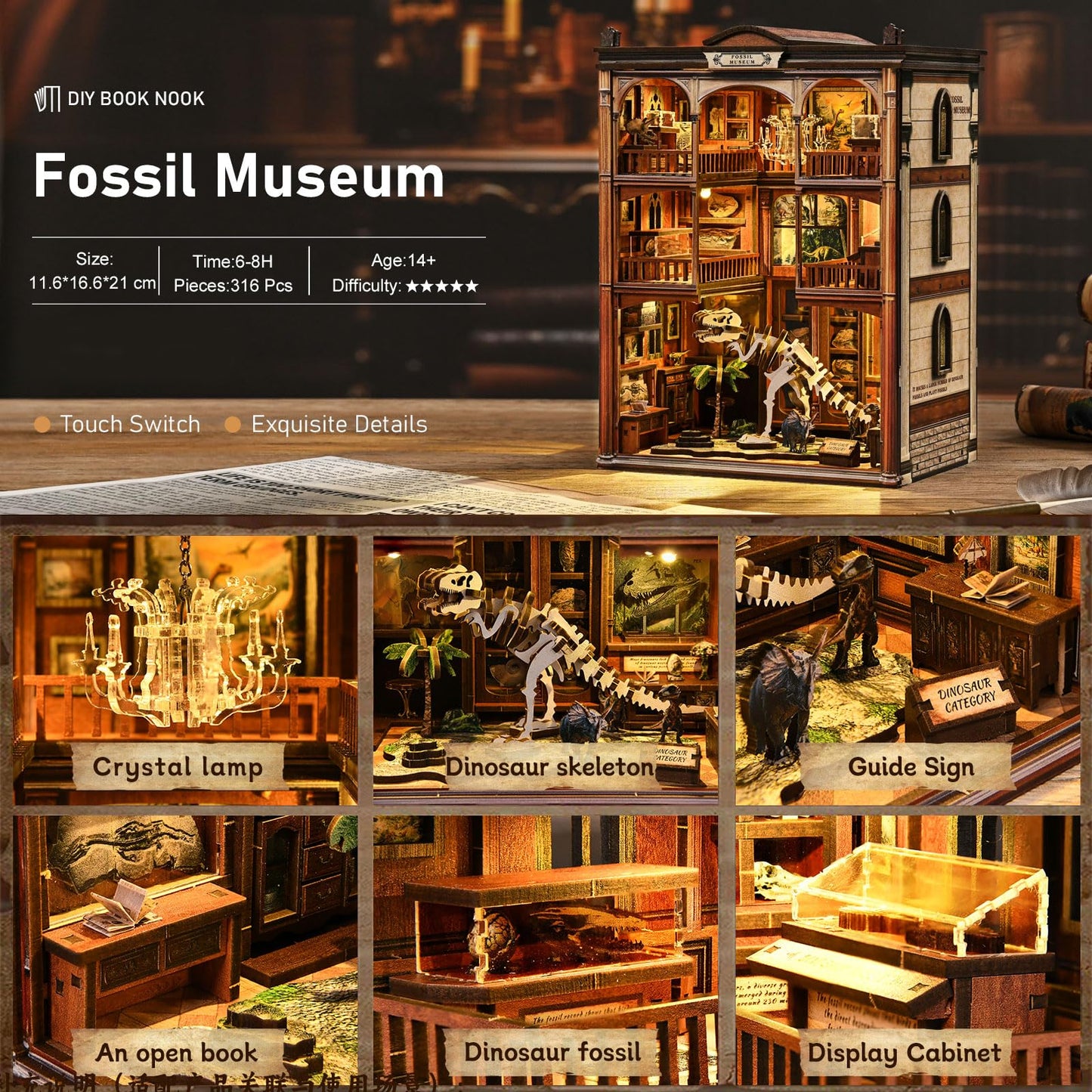 DIY Book Nook Kit, 3D Wooden Puzzle for Adults, Miniature House Kit with Touch LED Light, Gothic Bookshelf Insert Decor, Creative Hobby Gift for Fantasy Lovers
