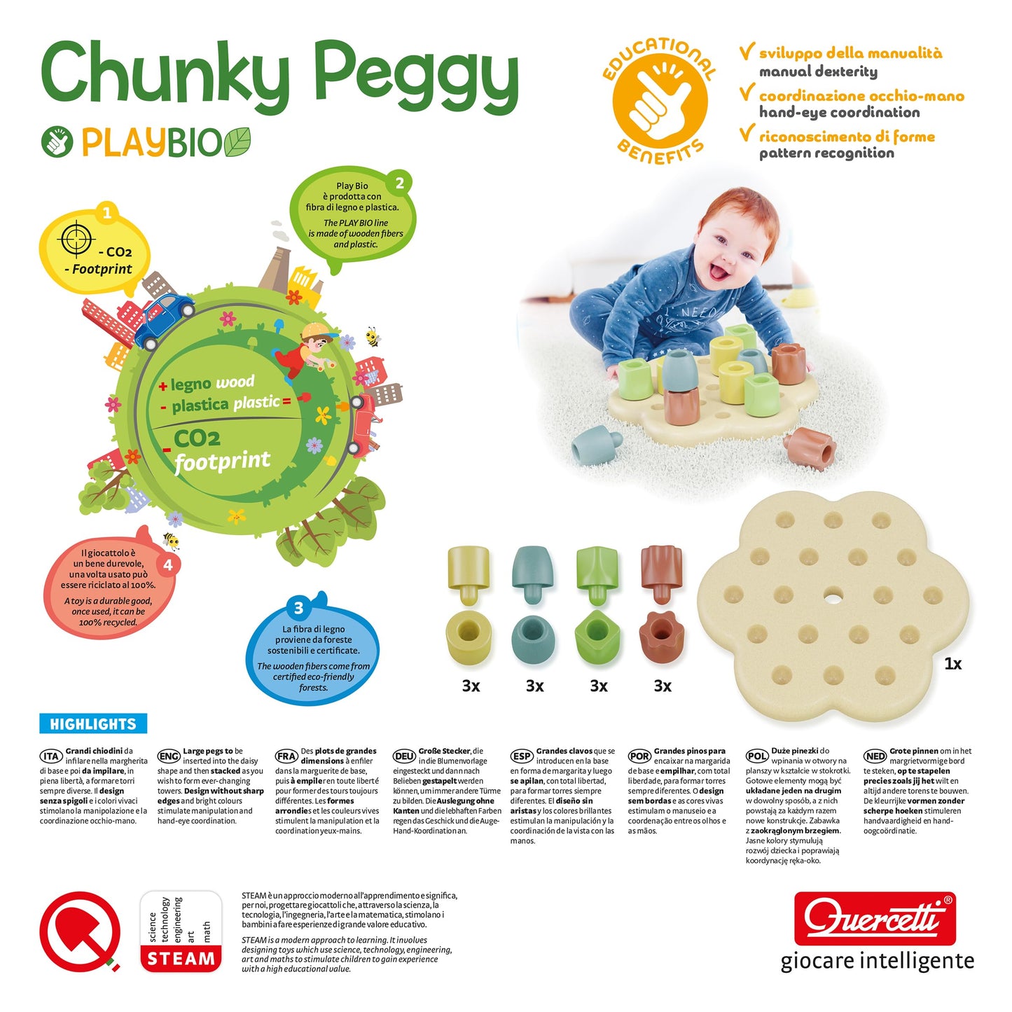 Quercetti: PlayBio - Chunky Peggy - 13pc Peg Blocks Sorting & Stacking Toy, Color Tower Building, Free Play, Earth Conscious, Baby-Toddler 1+
