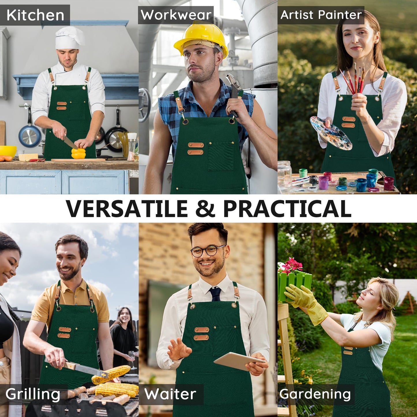 FunChaos Canvas Aprons, Chef Aprons, Work Aprons for Men Women, Adjustable Strap Aprons with 3 Pockets, Apron for Servers Kitchen Cooking Baking Artist Painting, Cross Back