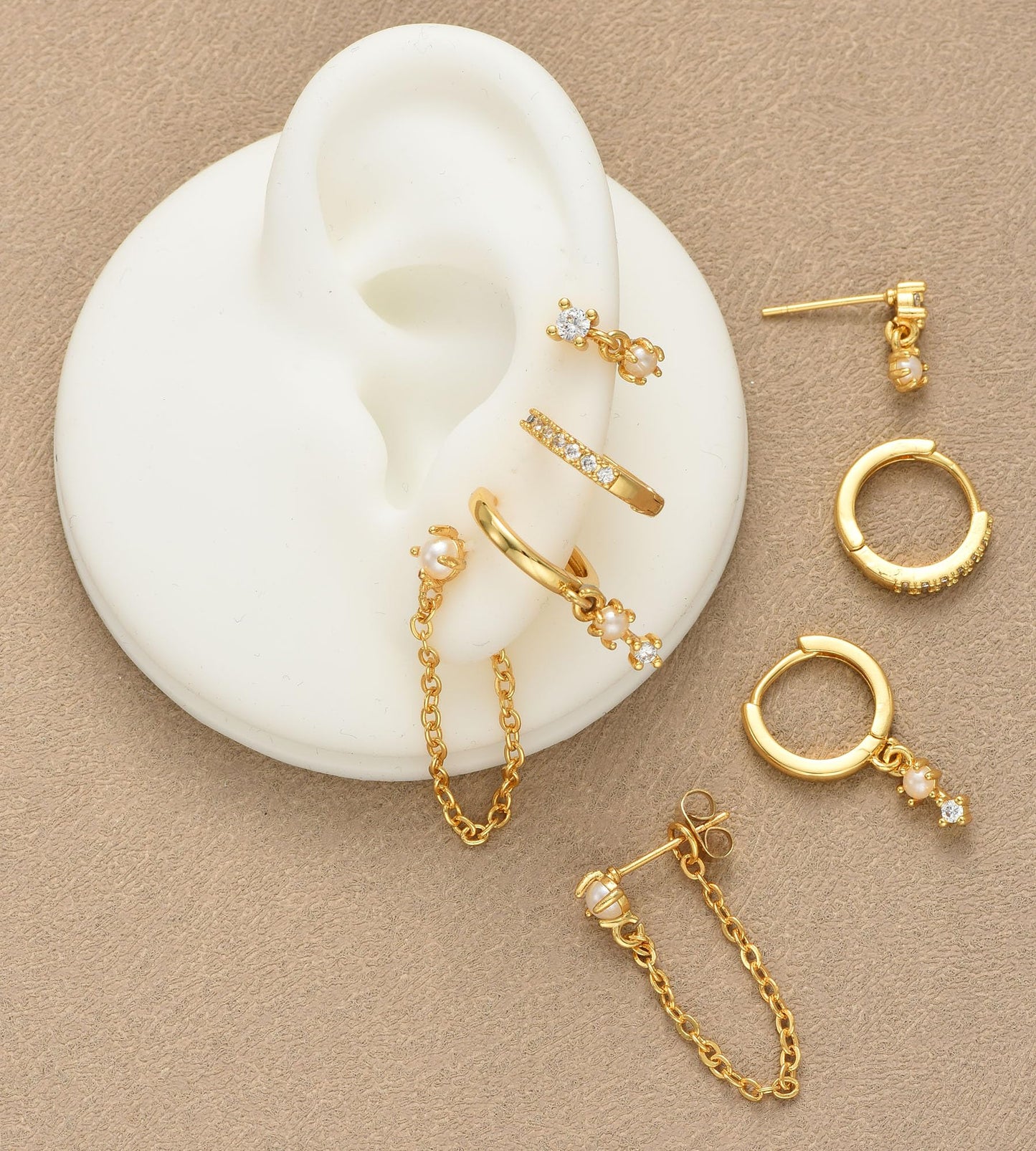 Gold Stud Earrings for Women, 6 Pairs 14K Hypoallergenic Cartilage Earrings for Multiple Piercing, Dainty Small Stackable Hoop Ball Earrings Set (Gold-4 Pairs Chain)