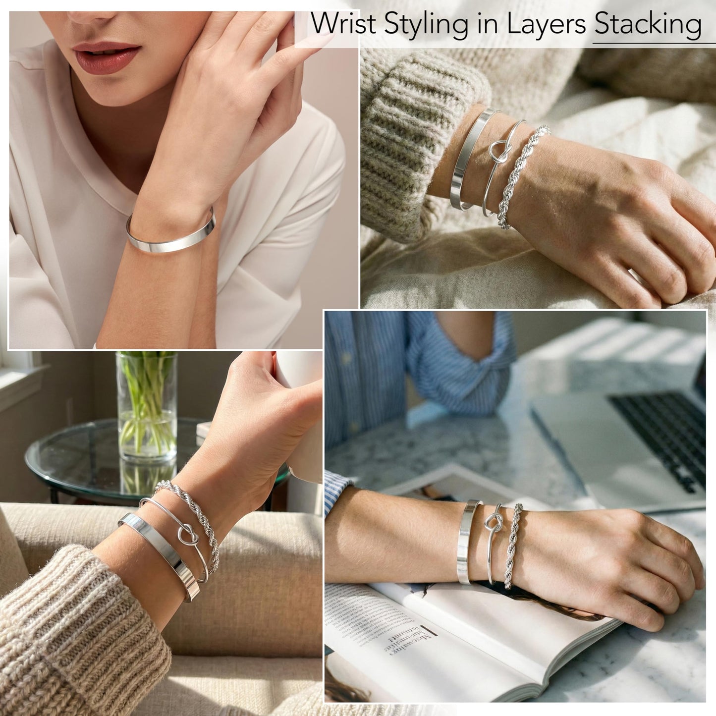 Sterling Silver Plated Bangle Bracelets Stack for Women, Silver Cuff Link Chain Bracelets Set, Trendy Waterproof Jewelry Gifts Adjustable