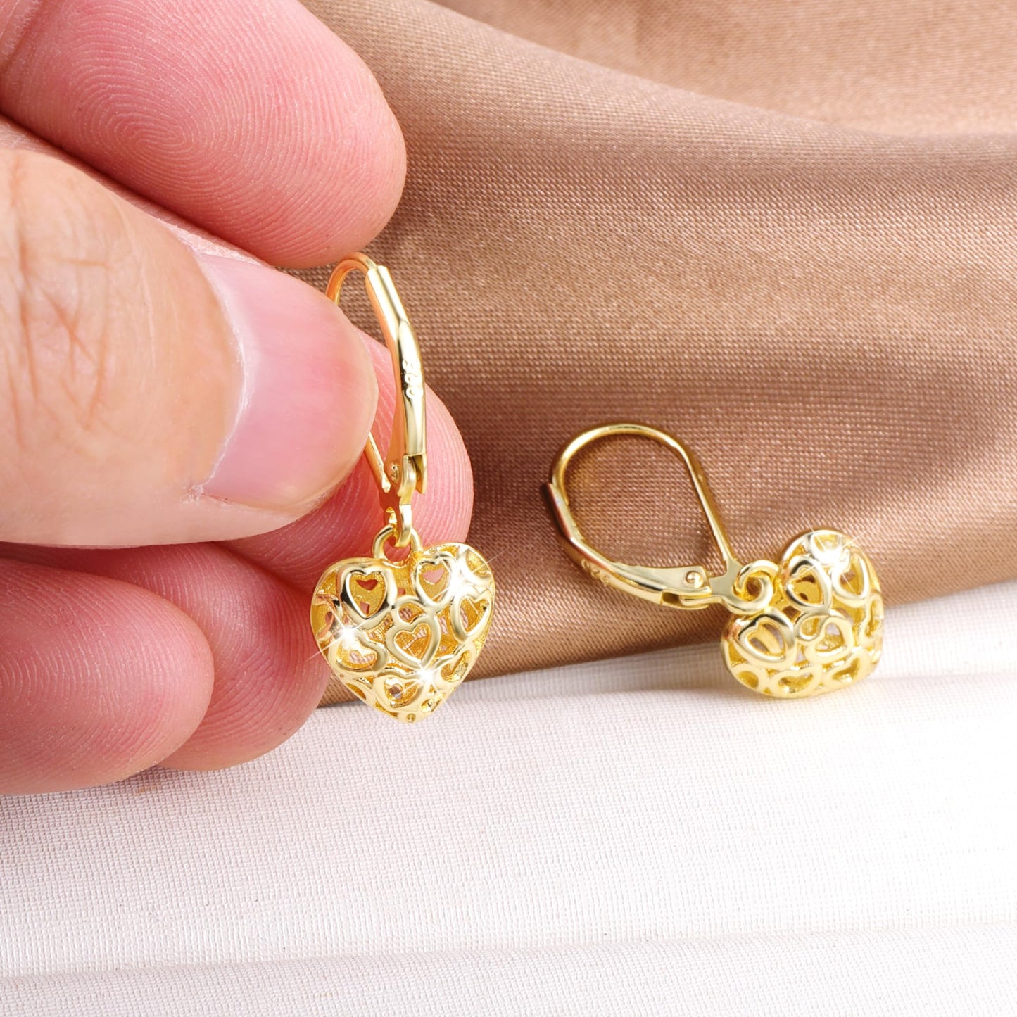 LANCHARMED 14K Gold Heart Dangle Drop Earrings for Women, 925 Sterling Silver French Style Silver Leverback Earrings Hypoallergenic Jewelry