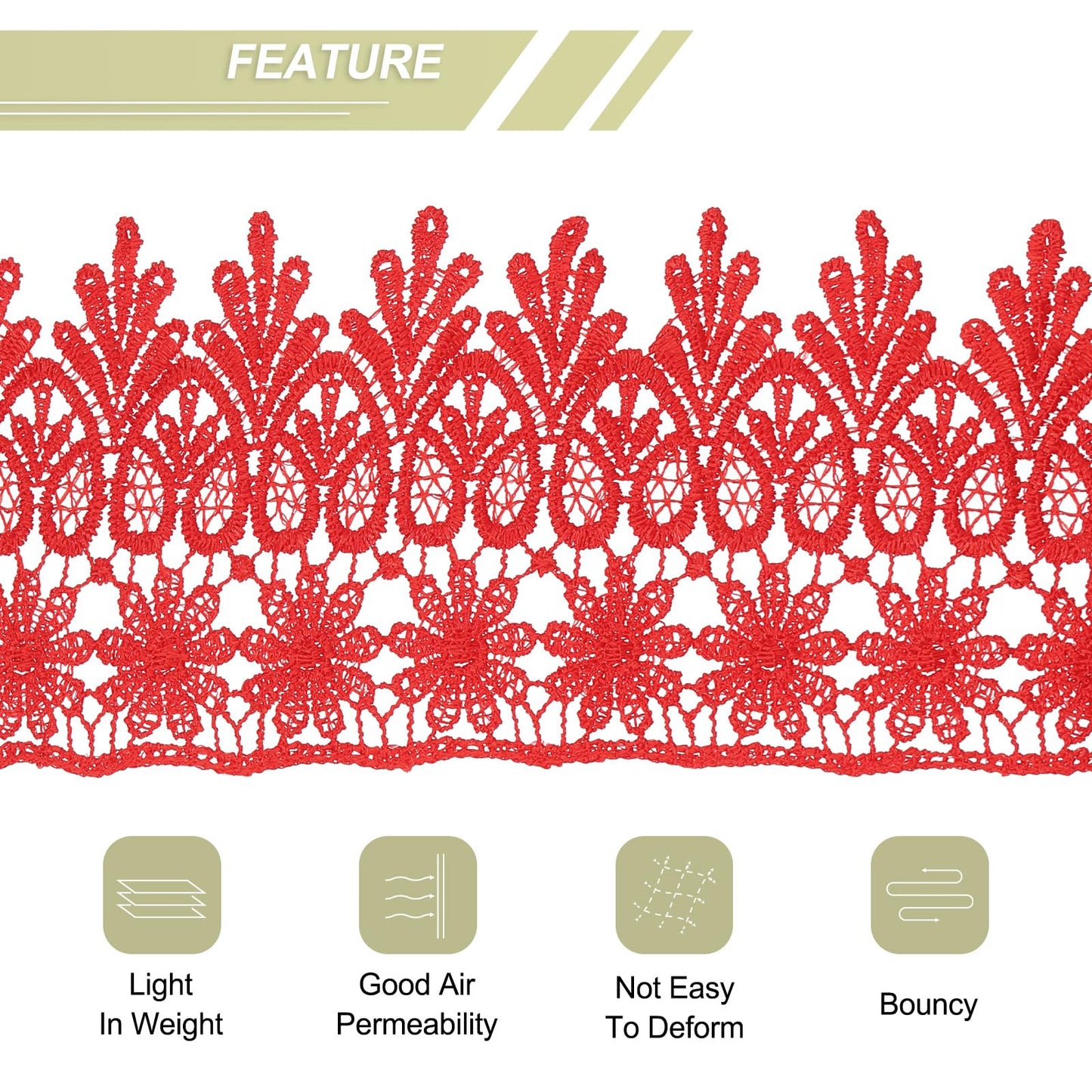 MECCANIXITY 3 Inch Wide 5 Yard Lace Ribbon Floral Pattern Red Embroidered Lace Trim Ribbon for Sewing Making, and DIY Crafts, Gift Wrapping, Wedding Decor